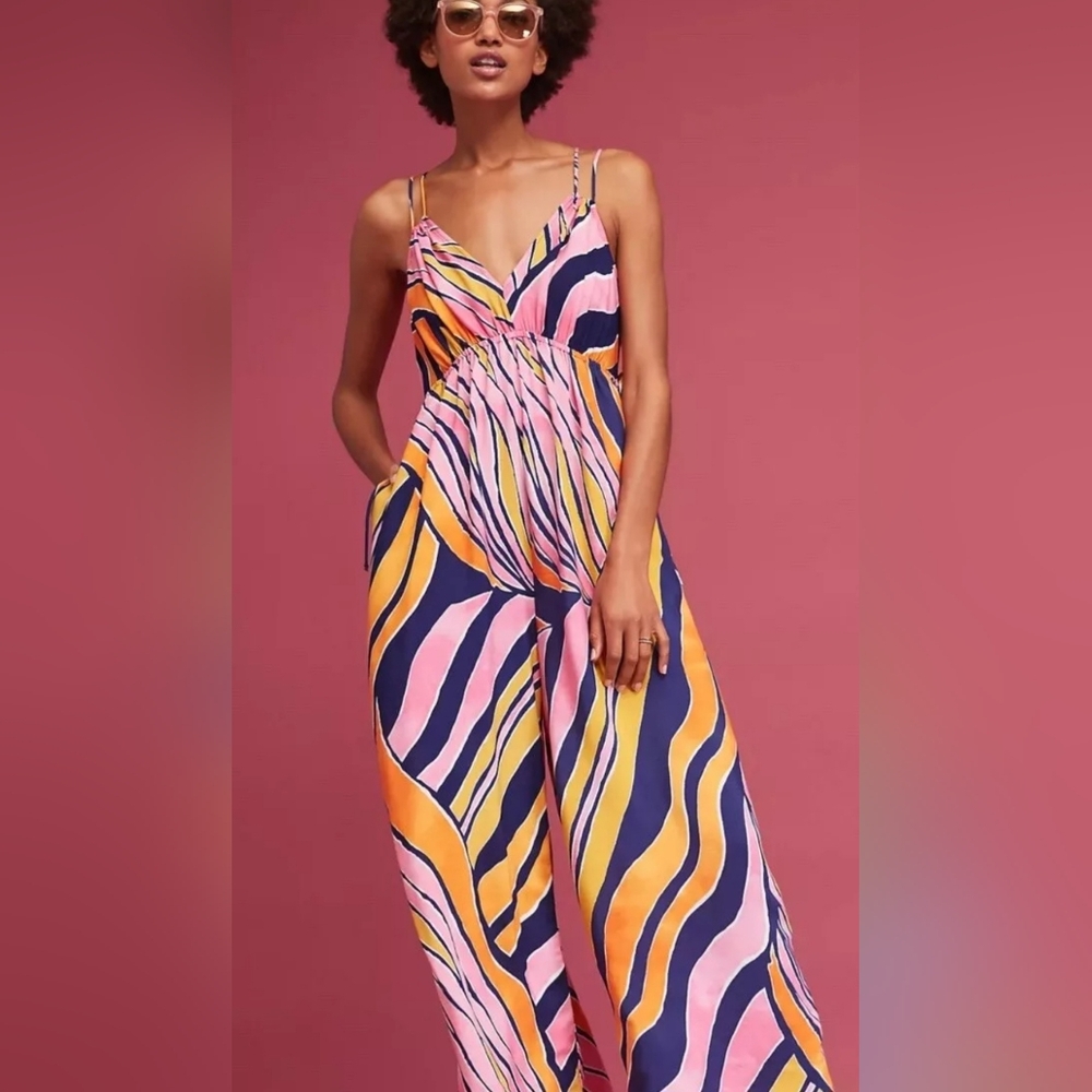 Maeve Pink Navy Yellow Printed Wide-Leg Jumpsuit
